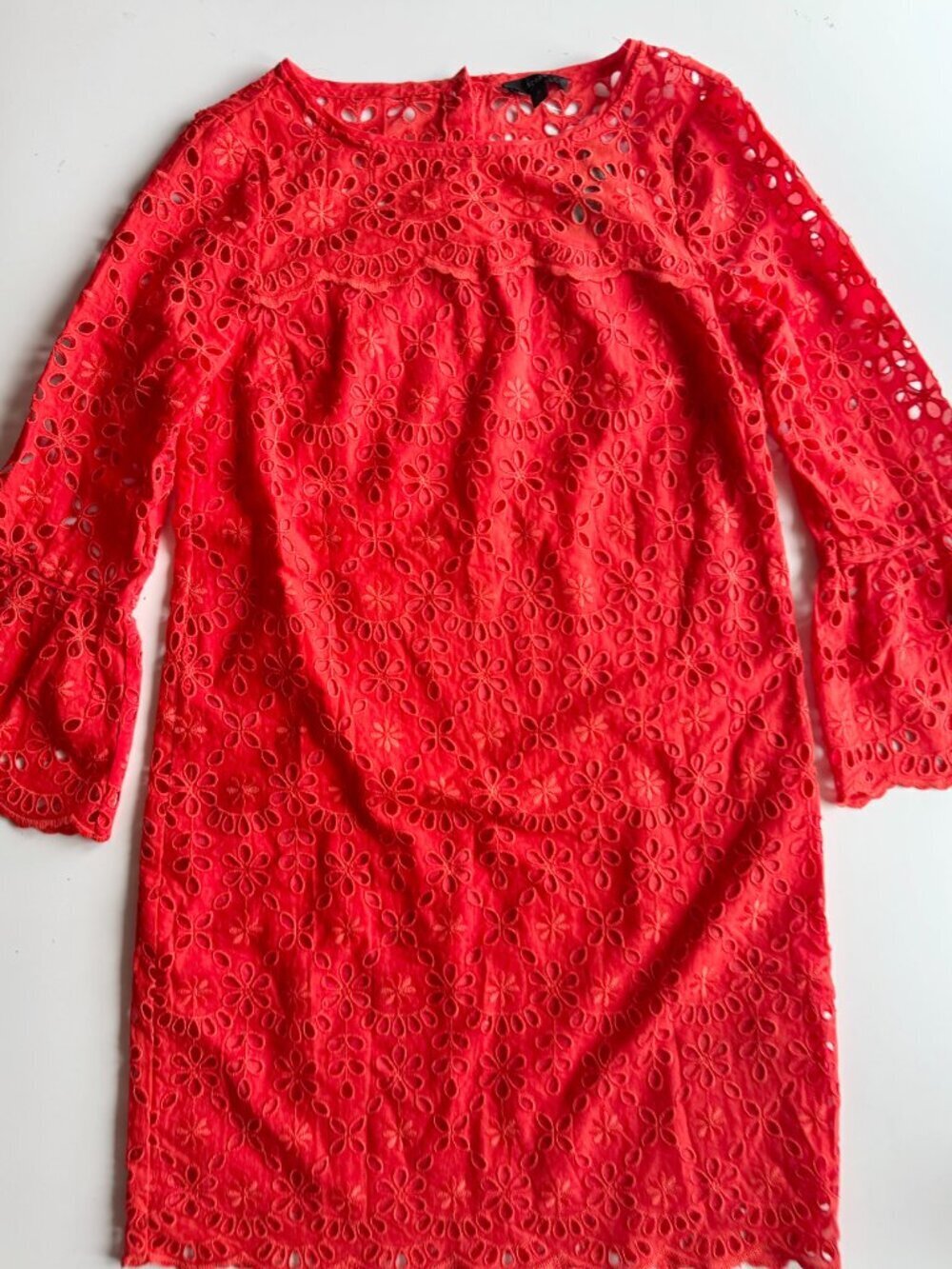NWT J.CREW Orange Red Embroidered Cotton Eyelet Bell Sleeve Shift Dress, Size 4 - Picture 4 of 15